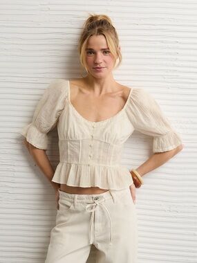 NWOT AE Pintuck Cream Puff-Sleeve Peplum Top - Cream
